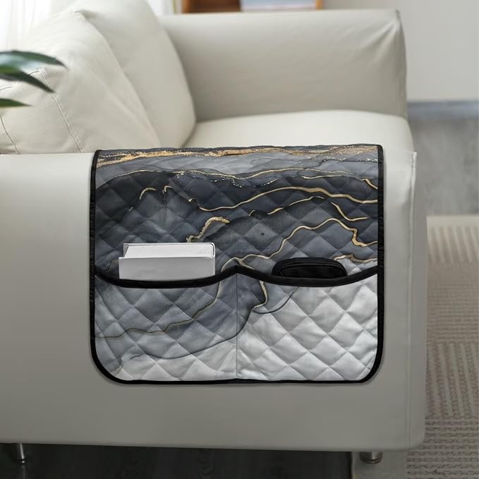 Grey Marble Stretch Sofa Armrest Covers Arm Cover for Chairs Anti-Slip Couch Armrest Covers with 2 Pockets Furniture Armrests Protector for Sofa Couch Chair Recliner