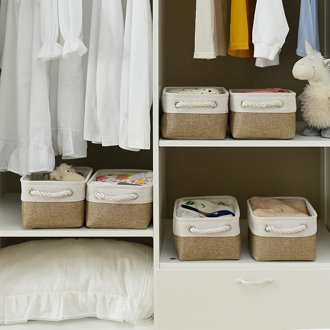Storage Basket for Organizing - 1 Pack 12x8x5.2 inch Baskets for Gifts Empty with Handles, Fabric Storage Cubes for Organizer Closet Dog Gift Cloth Toy (Whiet & Khaki)