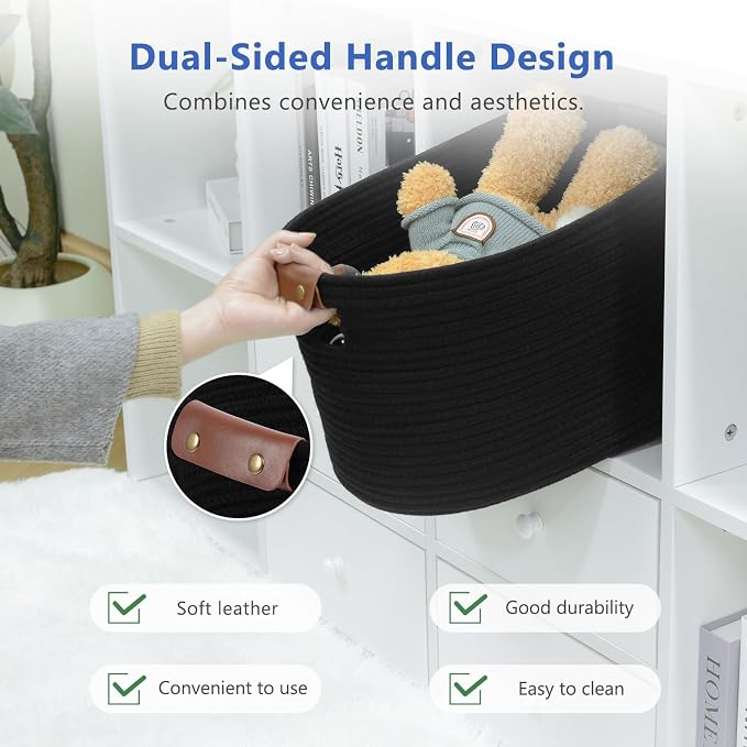 ECDYQXVU 15x10x9 Black Woven Cotton Rope Storage Basket Handles 1 Pack | Foldable Design, Leather Handles, Easy to Clean Organizer for Living Room, Closet, Shelves, Bedroom, Laundry, Clothes