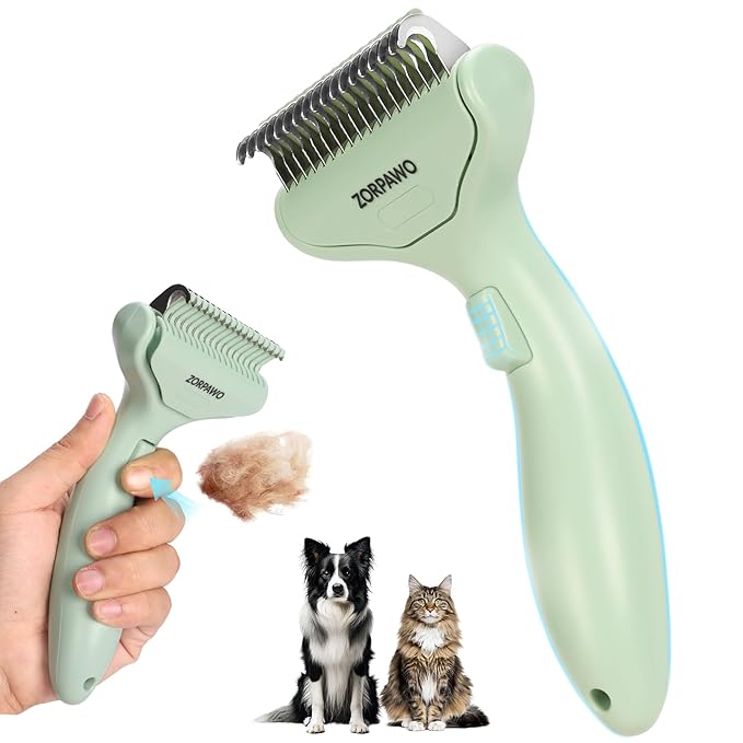 Undercoat Rake & Self-Cleaning Deshedding Brush for Dogs & Cats, Removes Mats & 95% Loose Hair, Grooming Tool for Long Hair Pets - Green
