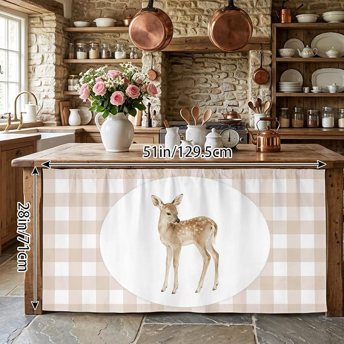 Resting Fawn Cabinet Curtains 28"x51" Sink Skirt for Bathroom Kitchen, Natural Animals Farmhouse Modern Plaid Self Stick Adhesive Under Desk Covers Tall Laundry Cabinet Storage Organizer