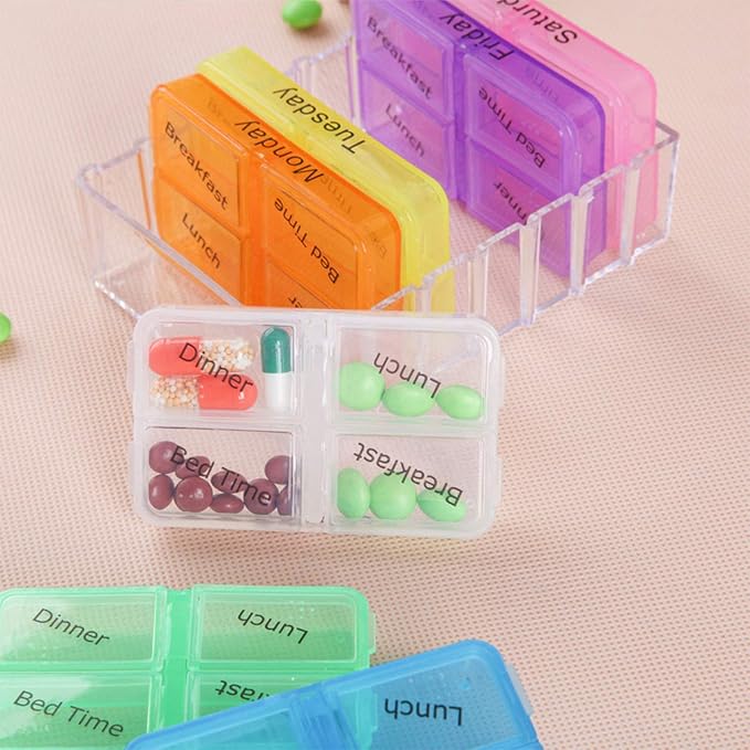 Pill Organizer 4 Times a Day Portable Travel Pill Box 7 Days with Moisture-Proof Design and Large Compartments Separable Large Pill Box to Hold Pills Vitamins Fish Oil Supplements