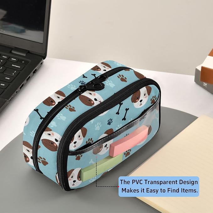 Cute Pets Puppies Blue pattern Large Capacity Pencil Case with Zipper Water Resistant Portable Organizer Pen Bag for School Office Students