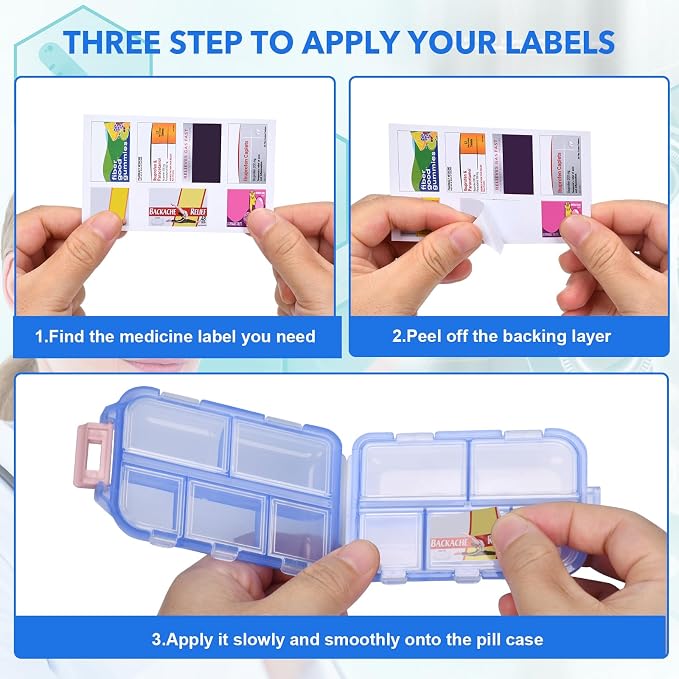 Travel Pill Organizer with 189 Medicine Labels, 10 Compartments Small Pill Case Compact and Portable Travel Pill Box for Airplane Car Purse Nurse Vacation Essentials (Blue, 1 Pack)