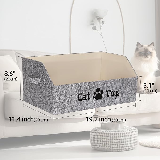 19.7 in Cat Toy Bin, Cat Toy Storage Box Kitten Toy Basket Collapsible Pet Supplies Storage Chest Holder Organizer with Handles for Organizing Dogs Cats Toys Clothes Accessories, Gray