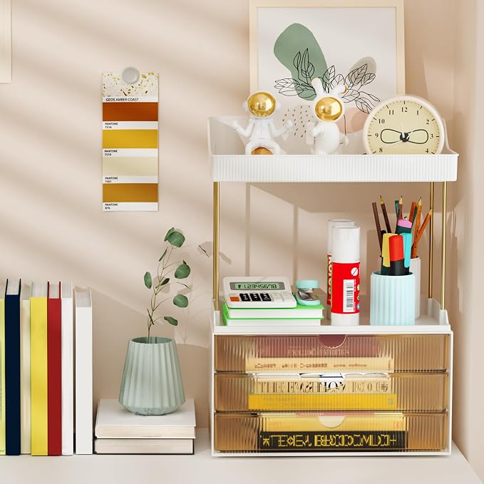 StorBin Arcylic 5-Tier Makeup & Skincare Organizer for Vanity, Bath | Smooth 3 drawers, clear body, gold frame, non-slip, for perfumes, serums, face masks, palettes, vanity & bath counter,Amber