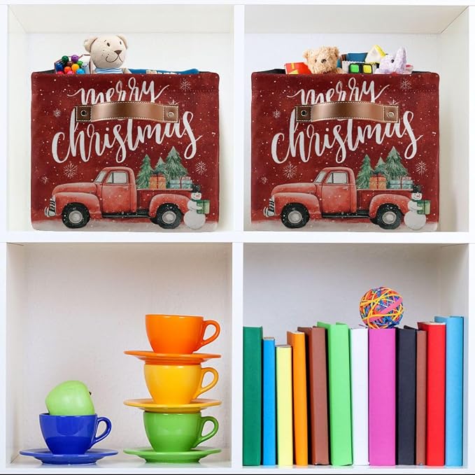 Christmas Red Snowman Truck Print Rectangular Storage Bin Basket with Handles - Laundry Storage Basket Organizer Bins for Pets Room Books Closet
