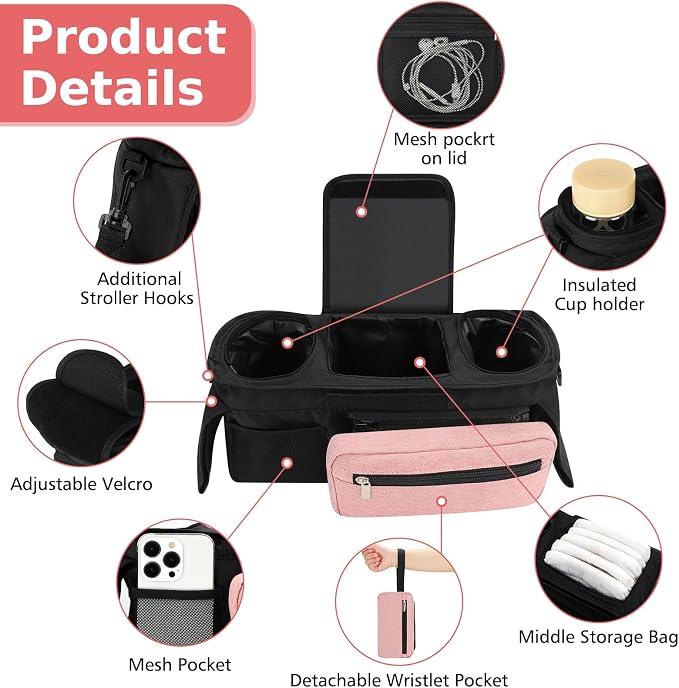 Accmor Universal Stroller Organizer with Insulated Cup Holder Detachable Phone Bag and Shoulder Strap,Stroller Bag Caddy Organizer for Uppababy, Baby Jogger, Britax Strollers