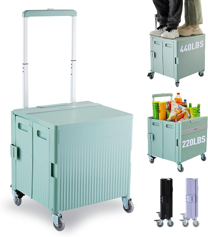 Folding Utility Cart Portable Rolling Crate Handcart Shopping Trolley Collapsible Tool Box, with Lid, on Rotate Wheels, for Grocery, Shopping, Office, Teacher, Camp,File (Green)