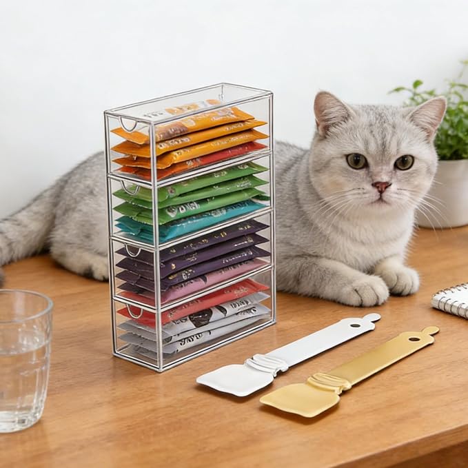 Lickable Cat Treats Organizer with 4 Drawers Clear Acrylic Cat Food Organizer for Wet Puree Tubes Countertop Treat Storage Display Container