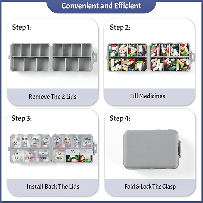NEW Foldable & Double Protection Portable Weekly Pill Organizer 2 Times A Day with Etched Labels, AM PM 7 Day Week Medicine Box, Daily Travel Pill Case Holder Dispenser for Vitamin, Supplement - Grey