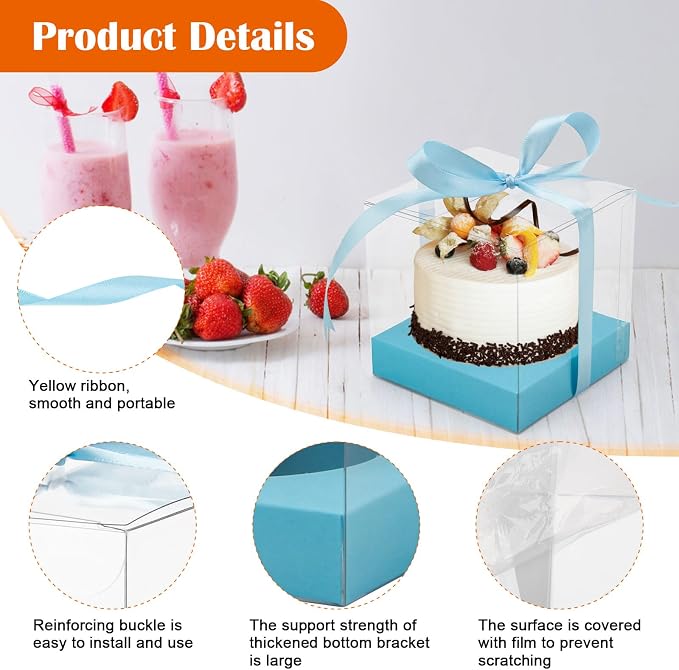 12 PCS Clear Cupcake Boxes 3.5 Inch Cupcake Containers (Blue) | Disposable Cupcake Carrier Plastic Individual Cupcake Storage Holder with Ribbons and Inserts for Wedding, Birthday Party
