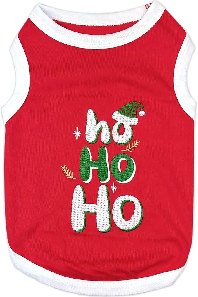Parisian Pet Red Dog Tshirt - Embroidered “ ho Ho Ho “ Dog Christmas Shirt - Lightweight 100% Cotton Shirt - Sleeveless Clothes - Machine Washable Dogs Vest - Shirts for Large Dogs - L