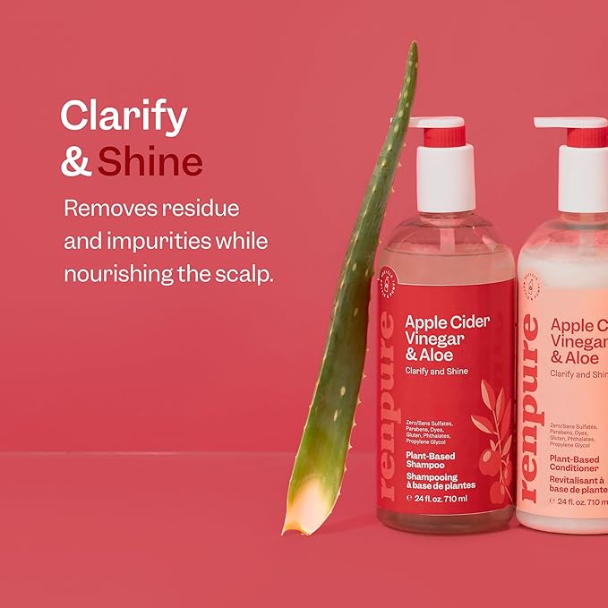 Renpure Apple Cider Vinegar & Aloe Shampoo, Plant-Based – Clarifies, Removes Residue and Nourishes for Shiny, Healthy Hair – For Dull Hair - Apple Cider Vinegar, Aloe Leaf Juice – 24 Fl Oz
