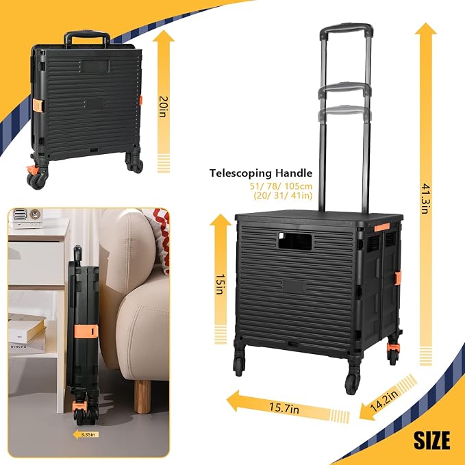 Foldable Utility Cart Portable Rolling Crate Handcart Shopping Trolley Collapsible Tool Box with Rotate Wheels Durable Duty Plastic Telescoping Handle Lid for Travel Move Office School(Black)
