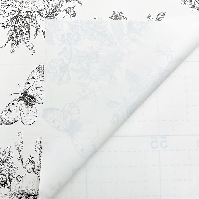 Easy Apply Shelf Liner Removable Furniture Paper Decorative Workspace Organizers Sofa Tables, Black-White Peony Butterfly, 17.7 Inch by 9.8 Feet