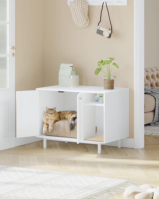 Hzuaneri Cat Litter Box Enclosure, Hidden Litter Box Furniture with Storage | Large Wooden Cabinet with Sisal Mat, Modern Cat Washroom for Living Room, Bedroom, Entryway, White CB01513W