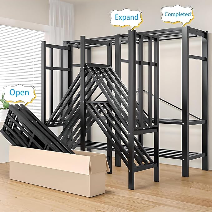49.1in Heavy Duty Portable Closet with Black Cover | Foldable Covered Clothes Rack for Hanging Armoire Wardrobe Closet System Freestanding Coat Storage Garment Racks