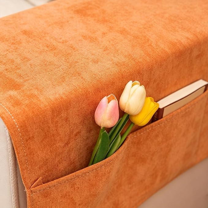 Sofa Armrest Cover with Pockets Set of 2 Solid Color Furniture Protector Slip Chenille Non Slip Recliner Organizer Remote Holder Caddy Accessories for Living Room Bedroom Kitchen 24*43.3 Inch Orange