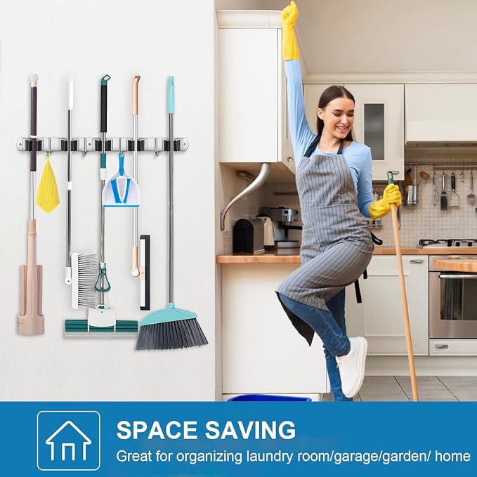 IMILLET Broom Holder Wall Mount Stainless Steel Mop Organizer | 5 Racks 4 Hooks Heavy Duty Garage Organization Storage,Broom and Mop Organizer Wall Hanging Self Adhesive for Laundry Room