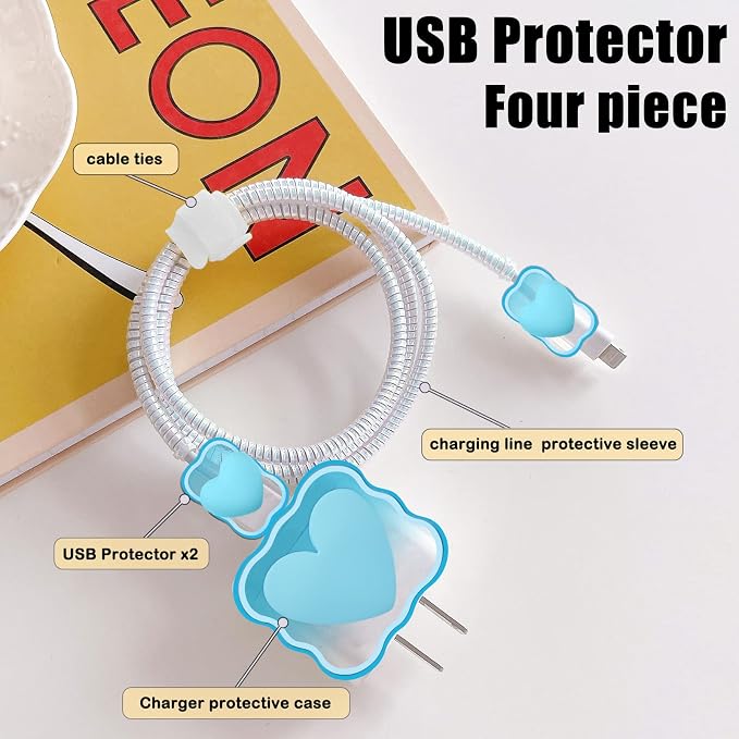 CameCosy Cute Waves DIY Cable Protector for iPhone Charger,Kawaii 3D Love Heart Design,Data Cable USB Charger Data Line Phone Wire Saver Protector for iPhone 11 12 13 14 Pro Max XS XR X 7 8 Plus-Blue