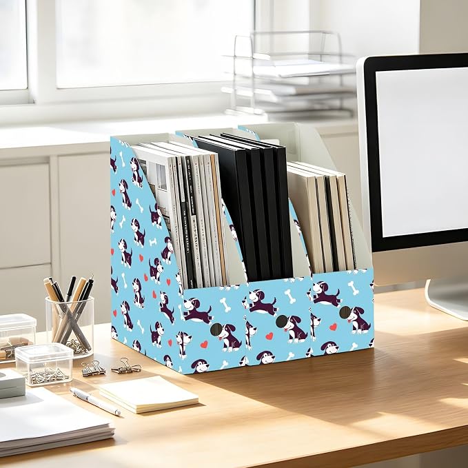 SPRIPORT Cute Pets Puppies Blue Print Water Repellent PP Magazine File Holder Organizer for Desk, Collapsible Storage Rack for Office Library School Document Sorter with Labels 23x30x10cm (3 Pack)