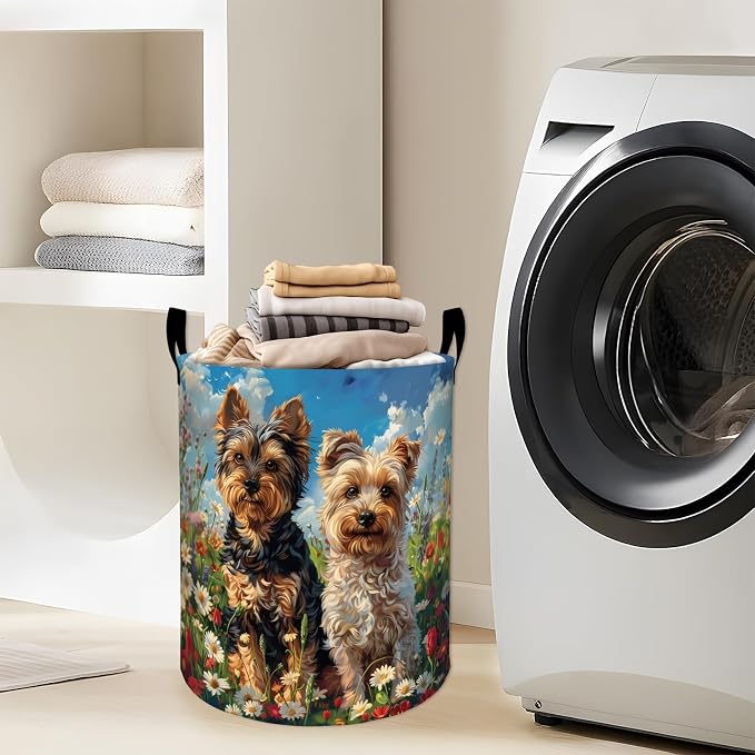 Cute Yorkshire Terriers in Flower Field Laundry Basket with Handles, 19.7"x15.7" Clothes Foldable Puppy Dog Laundry Hamper Organizer for Dorm Nursery Bedroom Bathroom Decor, Toy Storage Bin for Kids