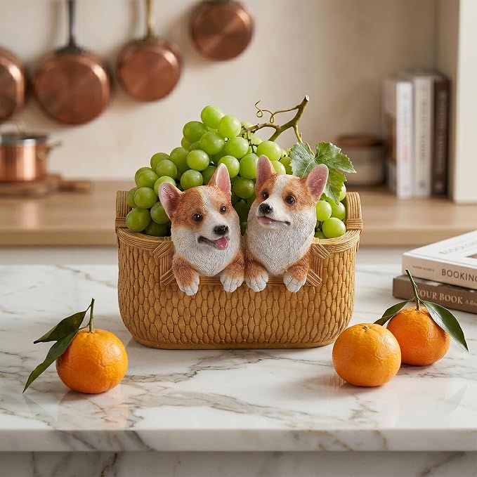 Catchall Bowl Corgi Statue - Decorative Entryway Key Holder & Candy Dish - Cute Double Dog Figurine Organizer for Desk & Room Decor - Pet Lover Housewarming Gift, Double Corgi in Basket