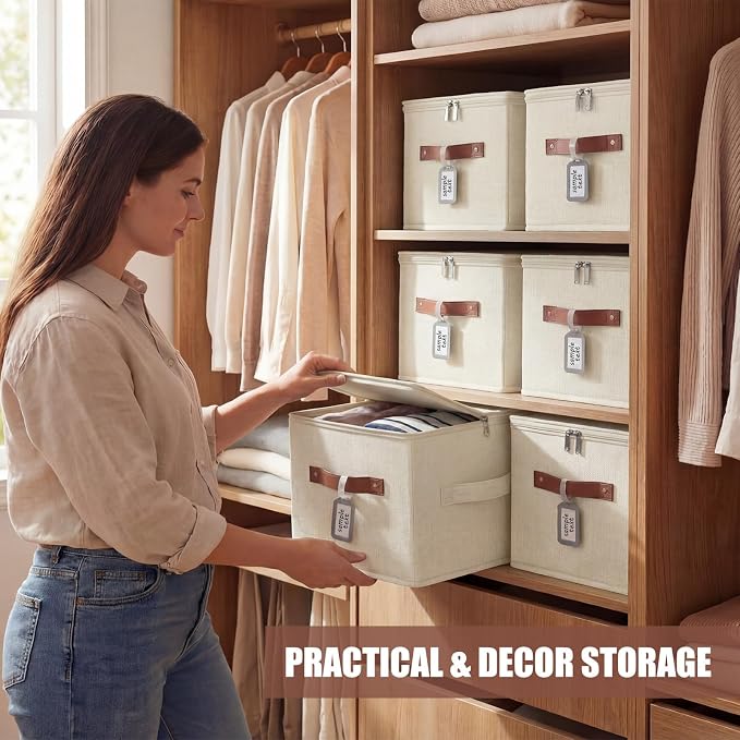6 Pack Fabric Closet Storage Bins with Zipper Lids and Label, 10×8×7In Large Size Foldable Cotton Linen Storage Cubes Boxes with PU Leather Handles Holders for Bedroom, Shelf, Nursery, Beige