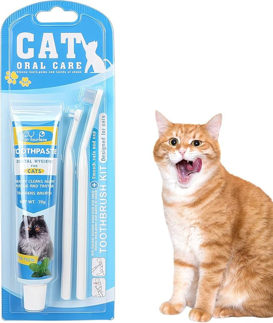 HOP Cat Toothbrush and Toothpaste Kit Vanilla Cat Toothpaste(70g) 2 Soft Nylon Bristles Micro-Head Cat Toothbrushes Kitten Tooth Brushing Kit Pet Dental Care Kit for Cats and Small Dogs Fresh Breath