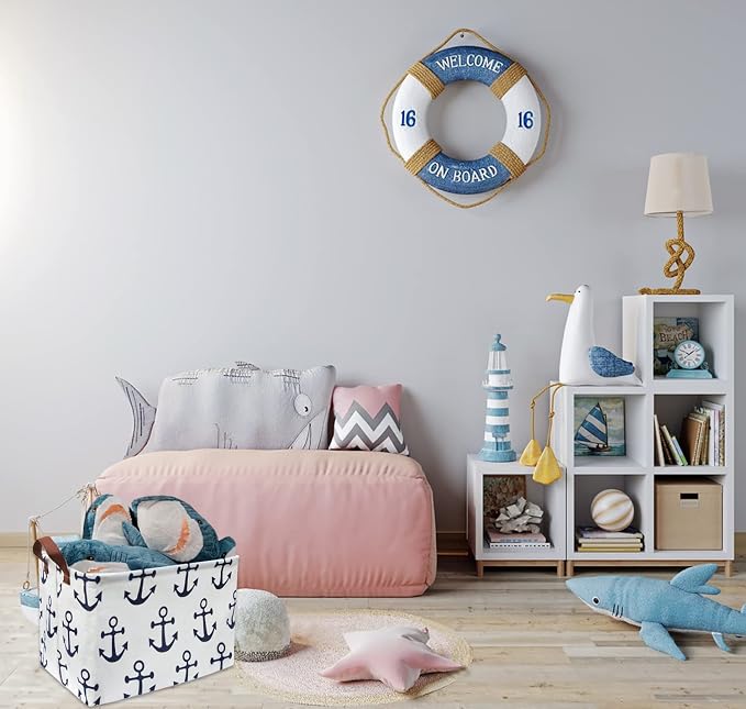 Kids Storage Basket Nautical Gift Basket Empty Boys Toy Storage Bin Organizer Box Rectangular Room Decor for Home,Books (Anchor)