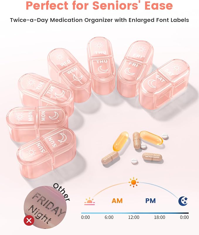 Pillex Weekly Pill Organizer 2 Times a Day, Daily AM PM Pill Box Case 7 Day with Large Openings for Easy to Use, Travel Medicine Container for Medication, Vitamins, Supplements - Pink