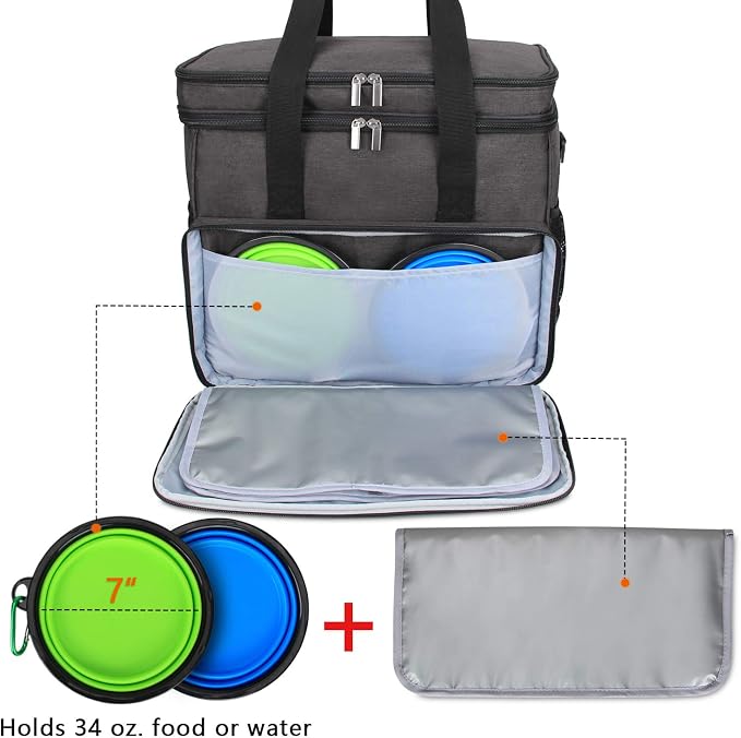 Teamoy 2 Layer Dog Travel Bag, Pet Supplies Weekend Tote Organizer, Black | Large Dog Bag for Supplies with 2 Silicone Collapsible Bowls, 2 Food Carriers, 1 Water-Resistant Placemat