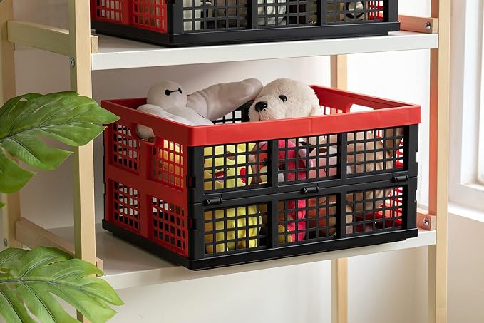 Eslite 34L Large Plastic Folding Storage Crates,Collapsible Crates for Storage,Pack of 3 (Black+Red)