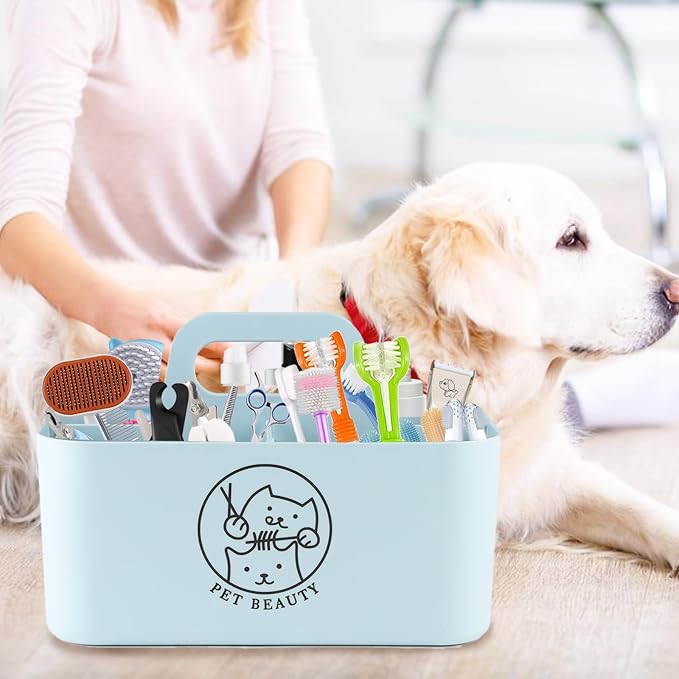 5-Compartment Blue Dog Stuff Storage Caddy, Portable Pet Grooming Organizer with Handle, 9.8" L x 6.1" W x 4.4" H