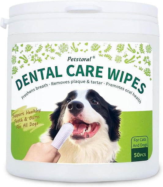 Petstoral Dental Care Wipes for Dogs and Cats, 50 Count, Teeth and Gum Cleaning, Plaque and Tartar Removal