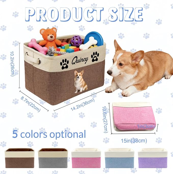Personalized Dog Cat Toy Basket with Name Photo, Custom New Puppy Toy Storage Bins with Handles, Customized Baskets Organizer for Blankets Pet Supplies Clothes Food