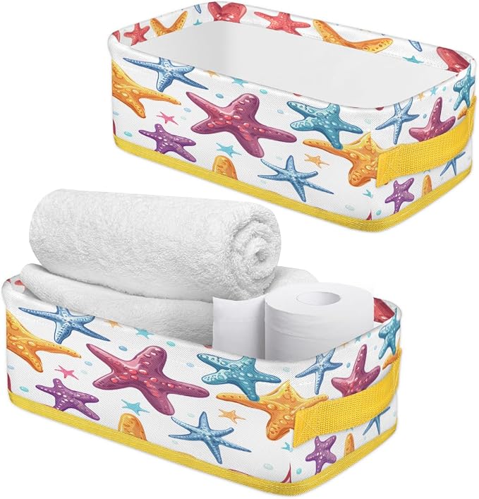 Color Starfish Bathroom Storage Basket Waterproof Foldable Storage Bins with Handles Decorative Toilet Paper Storage Basket for Organizing for House Bathroom Toiletries Set of 2