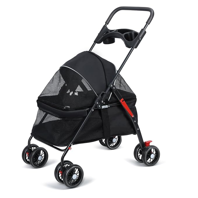 4-Wheel Pet Stroller, Dog and Cat Stroller, Breathable Visible Mesh, Lightweight Travel Carrier, Waterproof & Foldable Design, Storage Organizer and Cup Holder, for Daily Walks & Outdoor Use Black