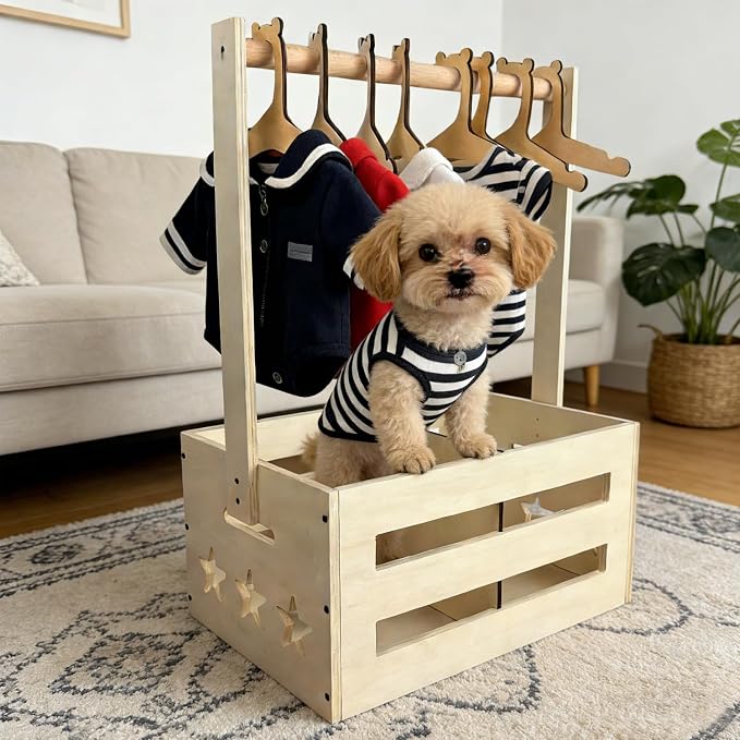Wooden Pet Wardrobe Closet with 8 Clothes Hangers, Dog Storage Organizer with Clothes Rack, Cat Toy Accessories Storage Bin, Cat Wardrobe with Handle, Easy to Assemble