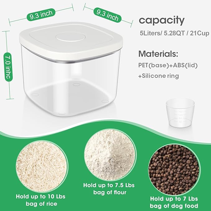 TBMax Large Airtight Food Container 5.28 Qt with Pop Up Lid & Measuring Cup, Ideal for 10 Lbs of Rice or 7 Lbs of Flour, Square Short Food Storage Bin for Kitchen Pantry and Drawer Organization