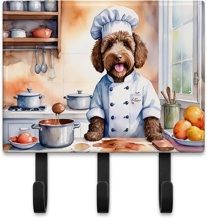 Caroline's Treasures Labradoodle The Chef Leash or Key Holder Wall Hooks, Key Hooks Holder, Coat Rack Wall Mount, Coat Hooks, Hooks for Hanging Keys, Towels, Aprons, Leashes | Labradoodle The Chef artwork on ceramic tile with three steel hooks for keys...