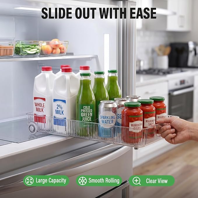 Pull Out Fridge Organizer Bins with Wheels, 8 Dividers, 2-Pack | Clear PET storage bins with handles, rear wheels and adjustable dividers for refrigerator, pantry and cabinet shelves
