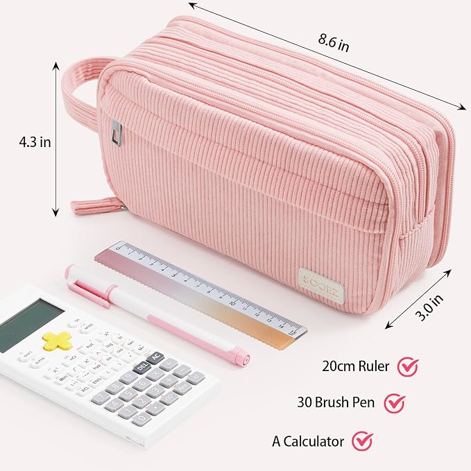 Sooez High Capacity Pencil Case, Soft Corduroy Pencil Pouch with 4 Compartments, Multiple Pockets, Large Pencil Bag with Sturdy Zipper, Cute Pencil Case Pouch Organizer for Student Teen Girls, Pink