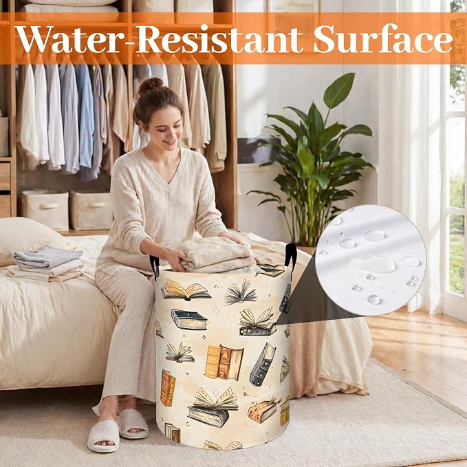 Vintage Book Laundry Basket, Literary Reading Oxford Cloth Dirty Clothes Collapsible Hamper for Room Decor, Book Lover Gifts, Toy Organizer 19.7 x 15.7 Inches for Bedroom Bathroom Dorm