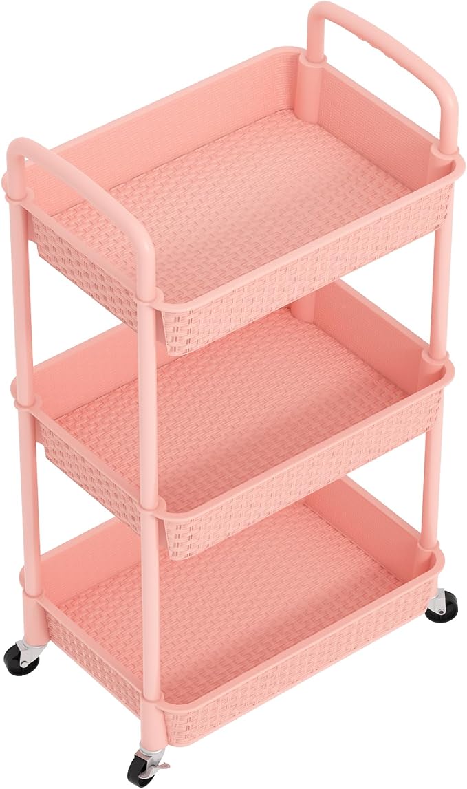 MOYIPIN 3-Tier Plastic Rolling Utility Cart with Handle,Utility,Pink | Utility Storage Cart for Office, Living Room, Kitchen,Movable Storage Organizer，Easy installation，Rattan-like art design