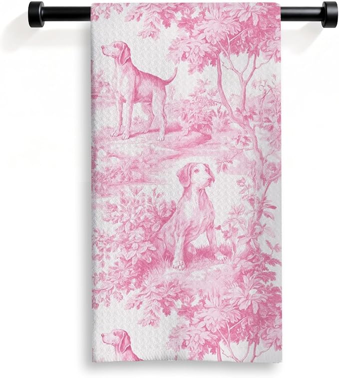 Pink Beagle Kitchen Dish Towels,Pink and White Floral Dog Towel Dish Tea Towels, Chinoiserie Decor for Kitchen Bathroom,Beagle Gifts for Dog Lover Mom Dad,16x24 Inch