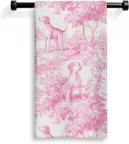 Pink Beagle Kitchen Dish Towels,Pink and White Floral Dog Towel Dish Tea Towels, Chinoiserie Decor for Kitchen Bathroom,Beagle Gifts for Dog Lover Mom Dad,16x24 Inch