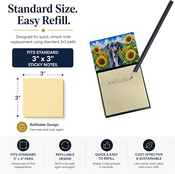Caroline's Treasures Great Dane in Sunflowers Watercolor Sticky Note Holder Refillable Dispenser Desk Accessory 3x3 Pad Gift