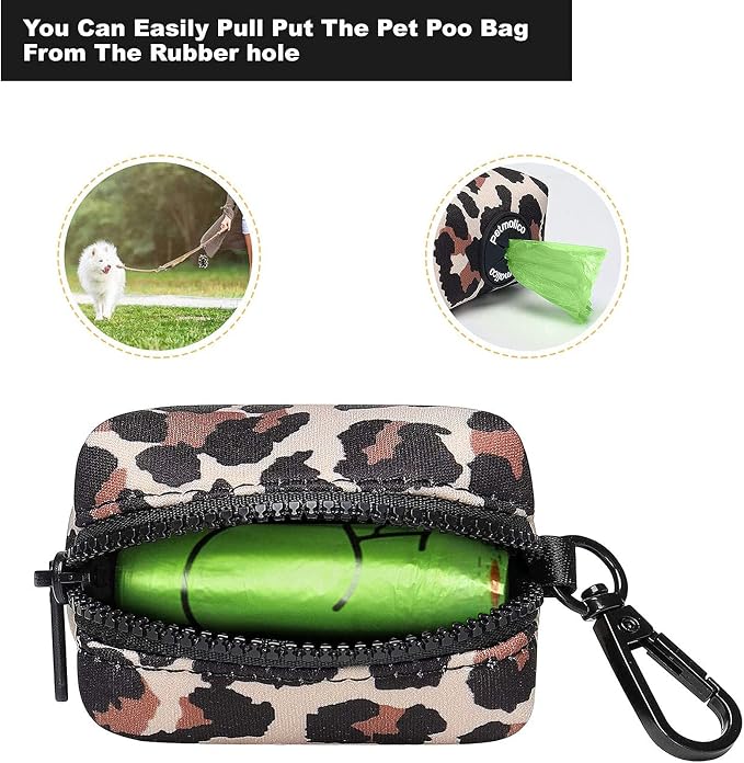 Petmolico Dog Poop Bag Holder Dispenser 2 Pack, Leopard | Zippered pouch fits any leash, includes free roll of bags, lightweight & portable for daily walks, travel & outdoor use